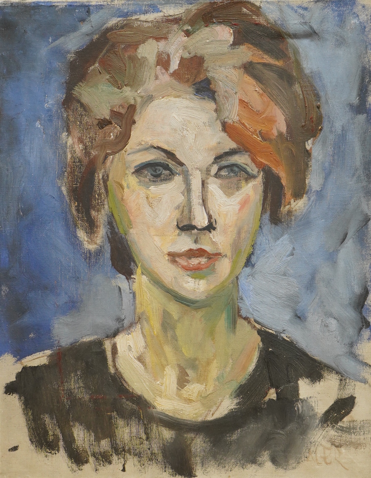 Continental School, 20th century, Head and shoulders portrait of a lady, oil on canvas, 50 x 40cm, unframed